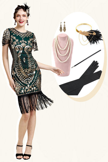 Paljetter Green Glitter Flapper Kjole med 1920-tallet Tilbehør Set